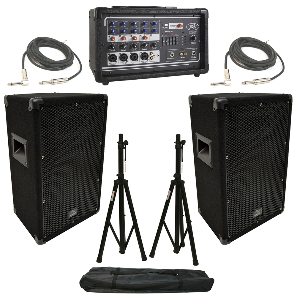 (2) Harmony HA-V10P 10" DJ PA Speaker Peavey PV 5300 Powered Mixer Cables Stands