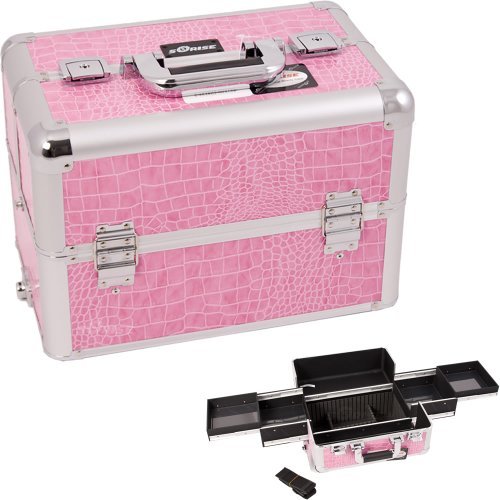 14.5 inch Pink Crocodile Interchangeable E Series 4 Easy Slide Extended Tiers Aluminum Professional Makeup Artist Cosmetics Train Case Beauty Storage