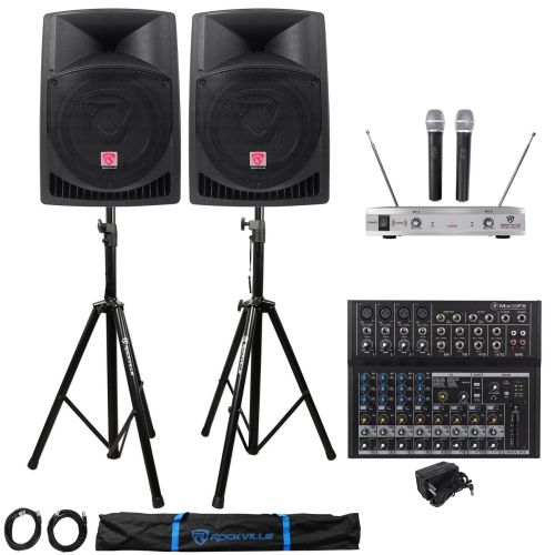 (2) Rockville 12" 1600w Active PA/DJ Speakers+Mackie Mixer+Mic+Stands+Cables+Bag
