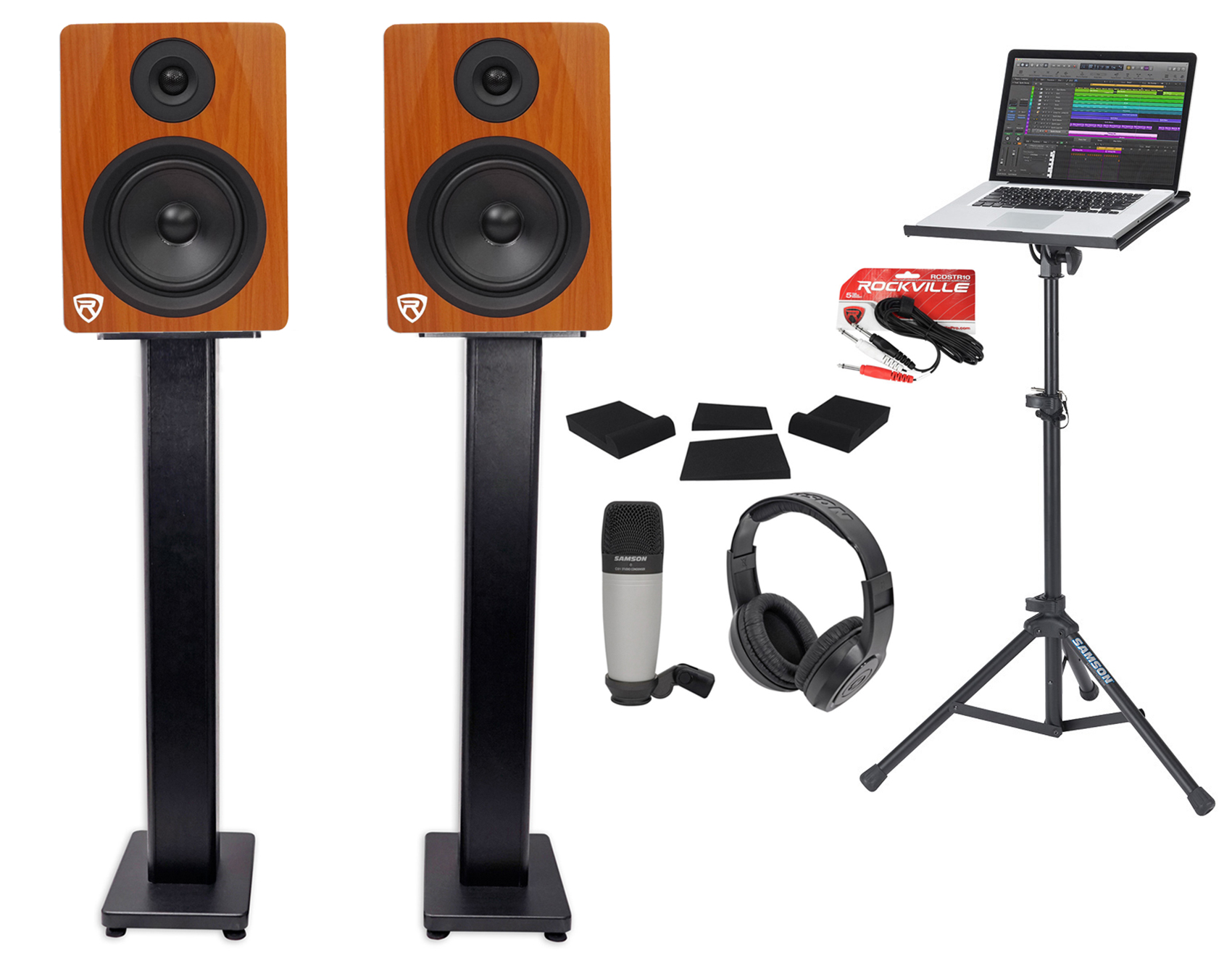 (2) Rockville 5.25" 250w Powered Studio Monitors+Stands+Headphones+Mic+Iso Pads