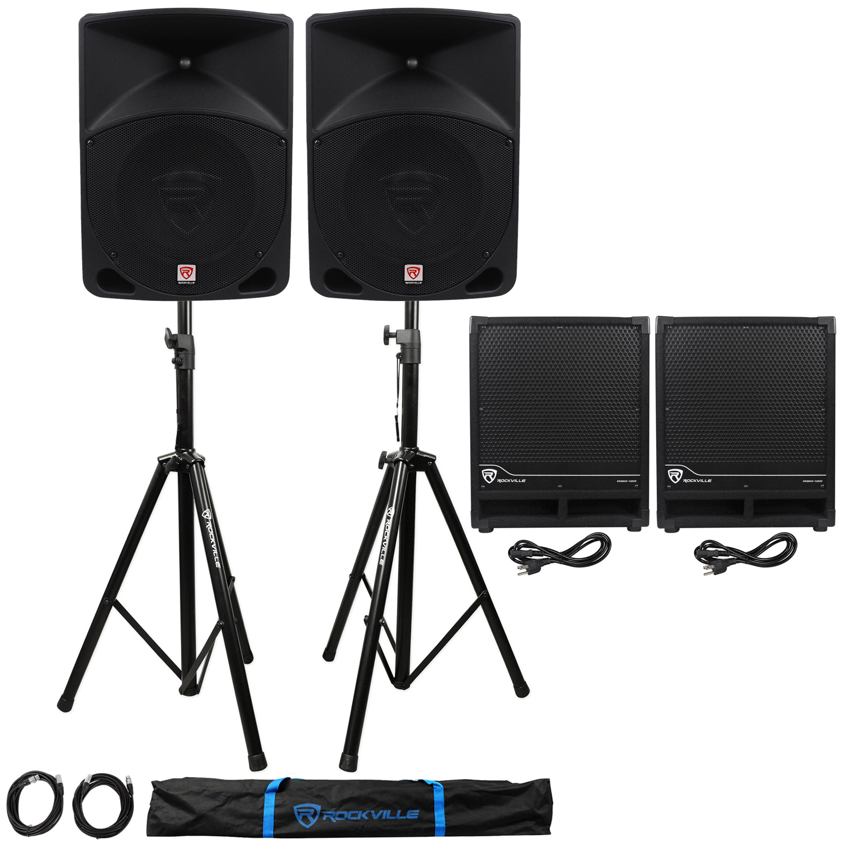 (2) Rockville RPG10 10" Powered 600W DJ PA Speakers+(2) Subs+Stands+Cables+Bag