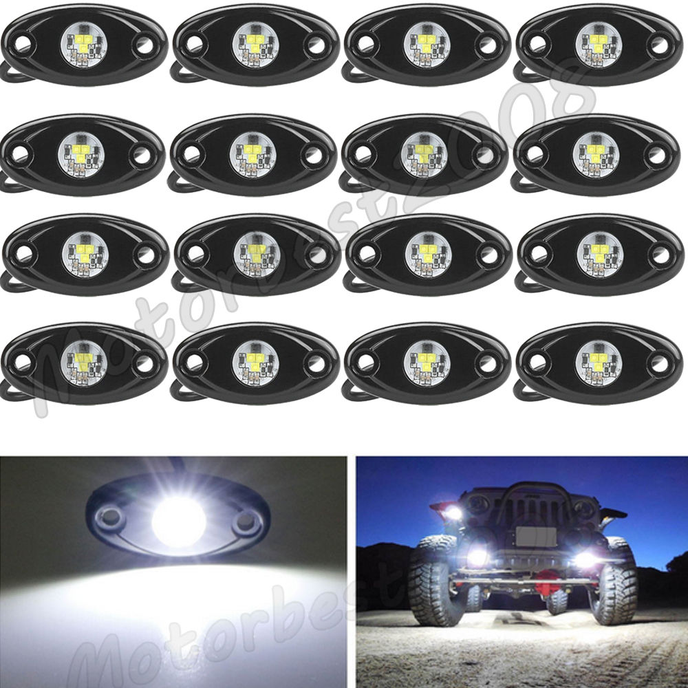 16PCS White CREE LED Rock Light Trail Rig Decorative Underbody Reverse Lamp SUV