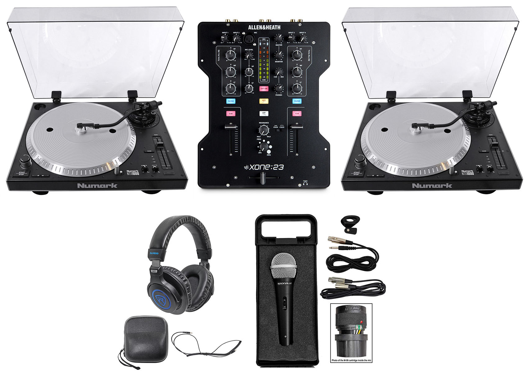 (2) Numark NTX1000 Direct Drive DJ Turntables+Allen & Heath Mixer+Headphones+Mic