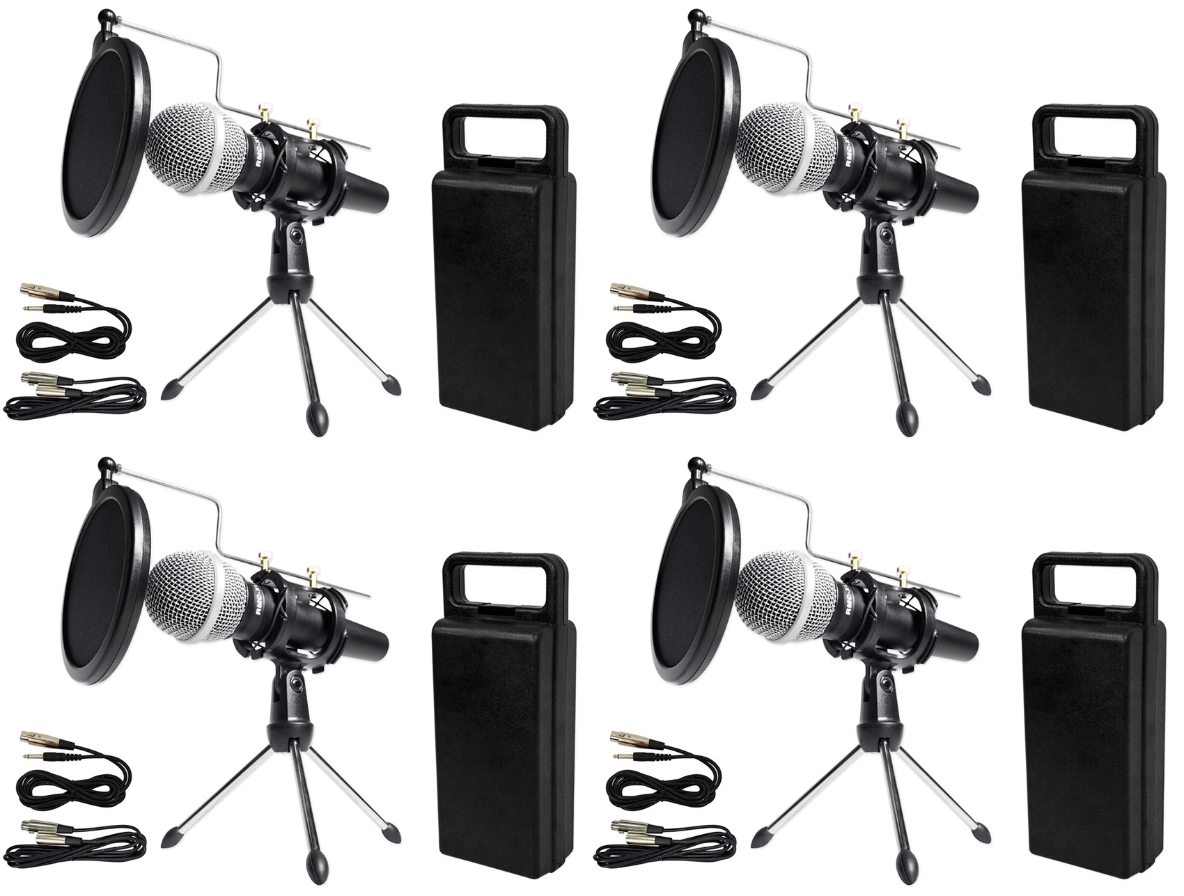 (4) Rockville Dynamic Podcasting Podcast Microphones+Stands+Pop Filters+Cables