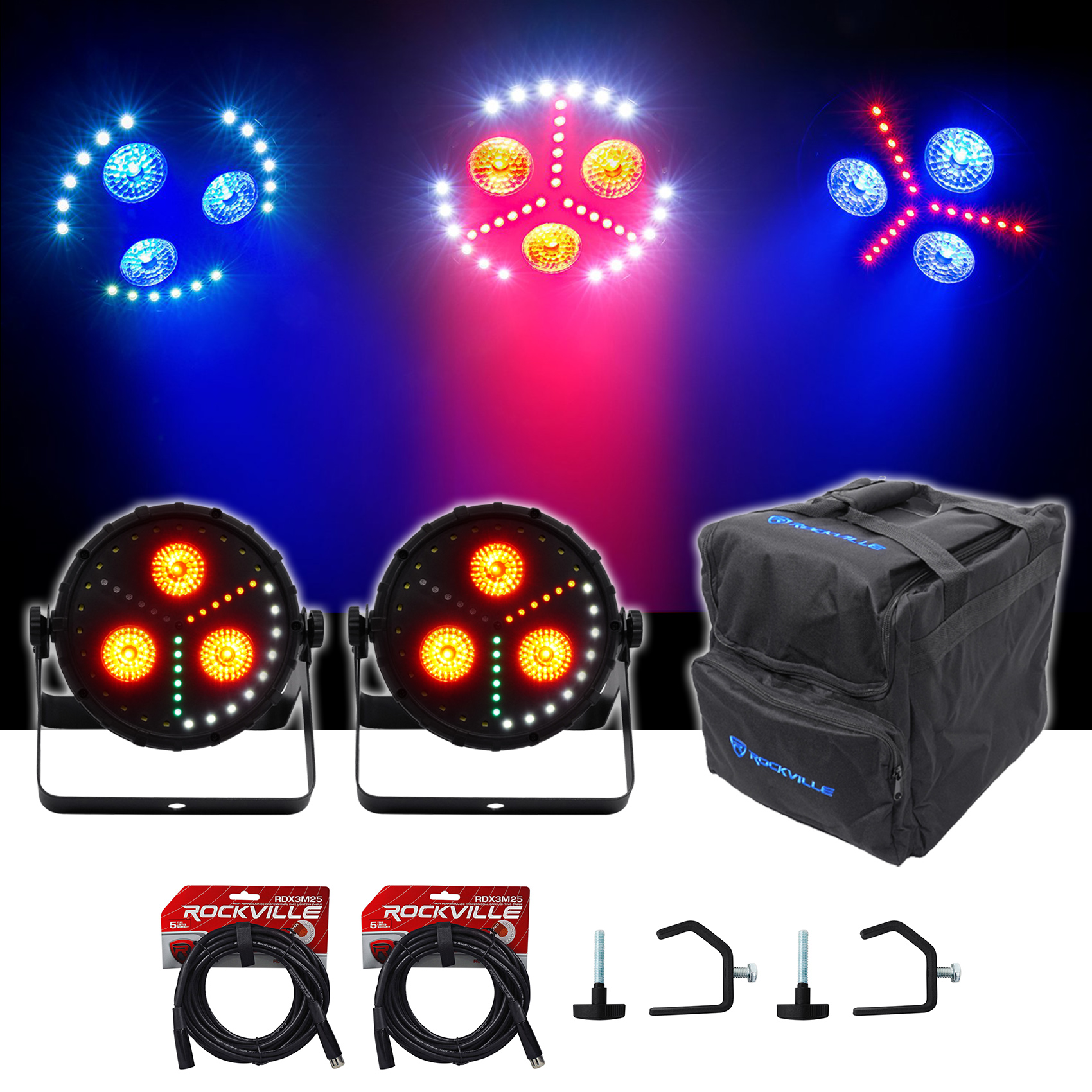 (2) Chauvet DJ FXPar 3 RGB+UV SMD LED Wash Lights w/ Strobe+Cables+Clamps+Bag