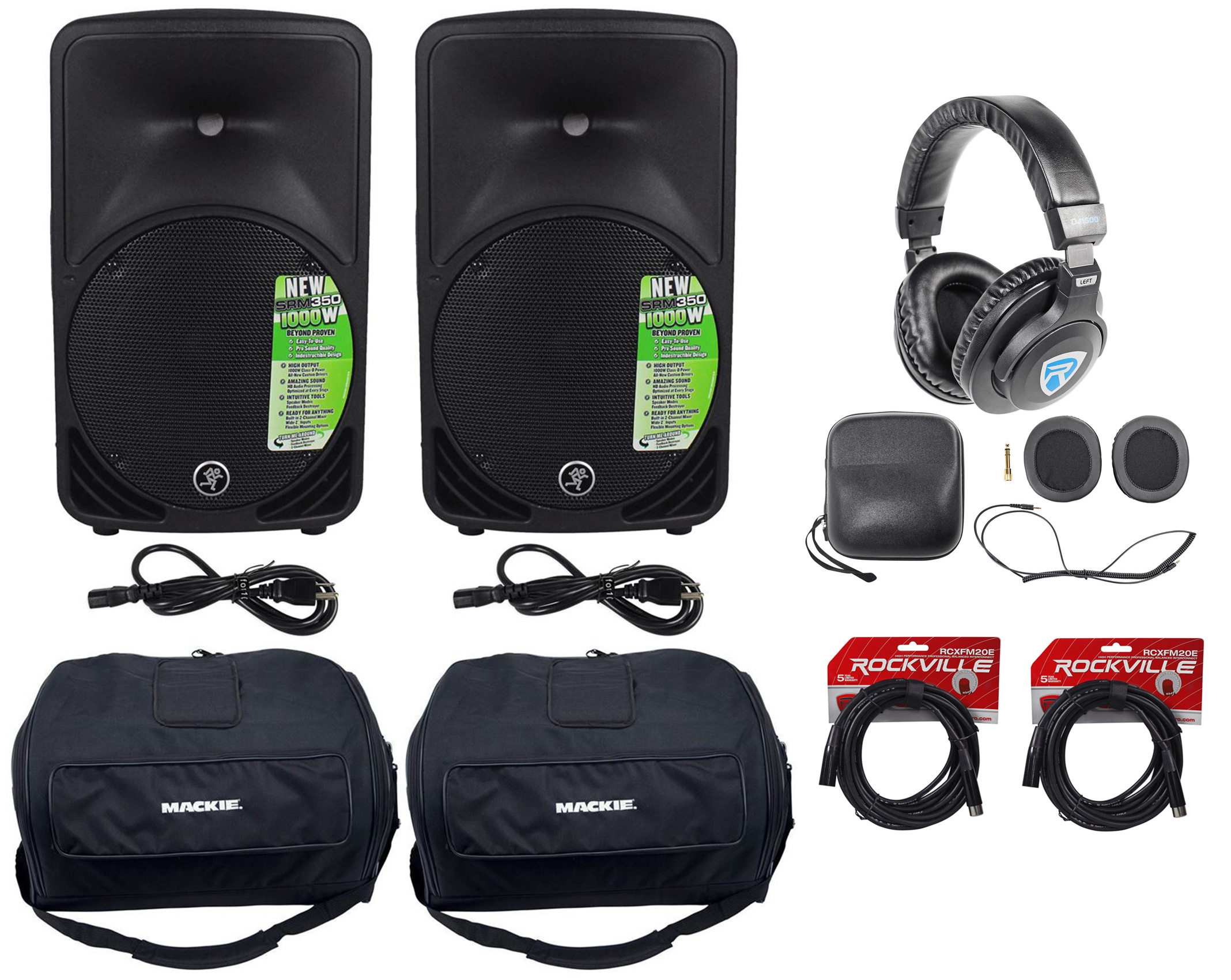 (2) New Mackie SRM350-V3 10" Powered Speakers+Travel Bags+Headphones+Cables
