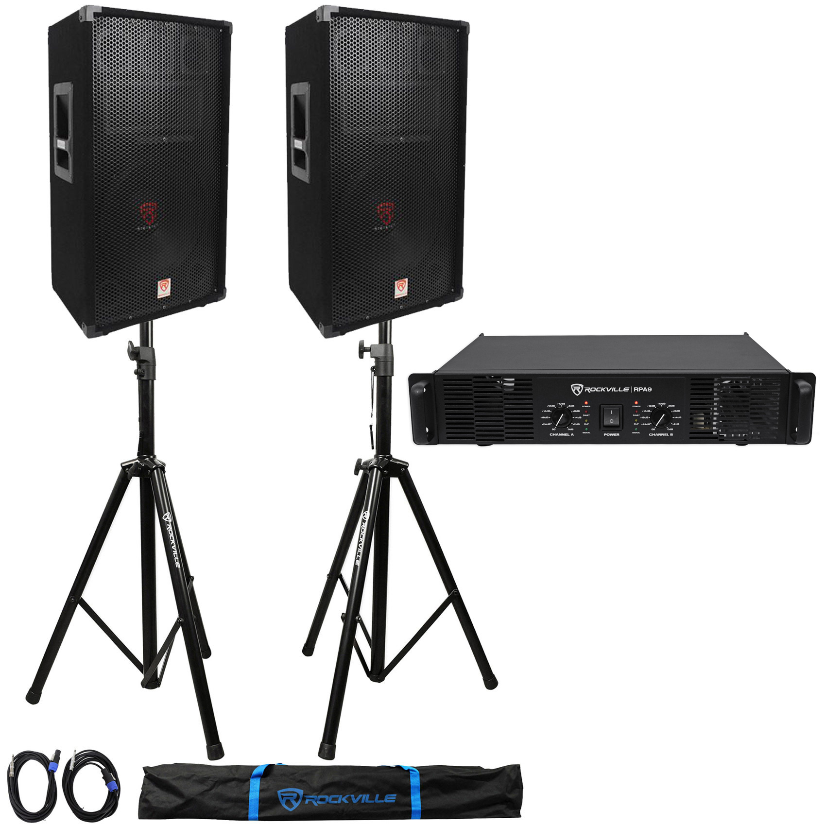 (2) Rockville RSG12 PA Speakers + Rockville RPA9 DJ Amp + Stands + Cables + Case