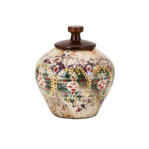 11" Brown and Green Antique Style Cylindrical Small Lidded Vase - 32818780