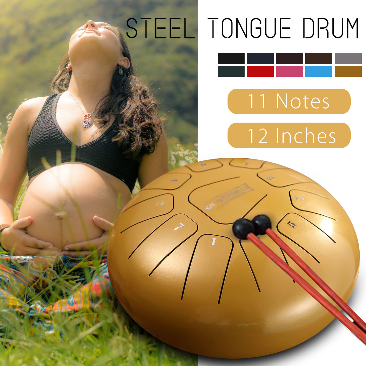 12 Inch Steel Tongue Drum Handpan C Major 11 Notes Percussion Instrument Hand Pan Tank Drum with Mallets & Bag