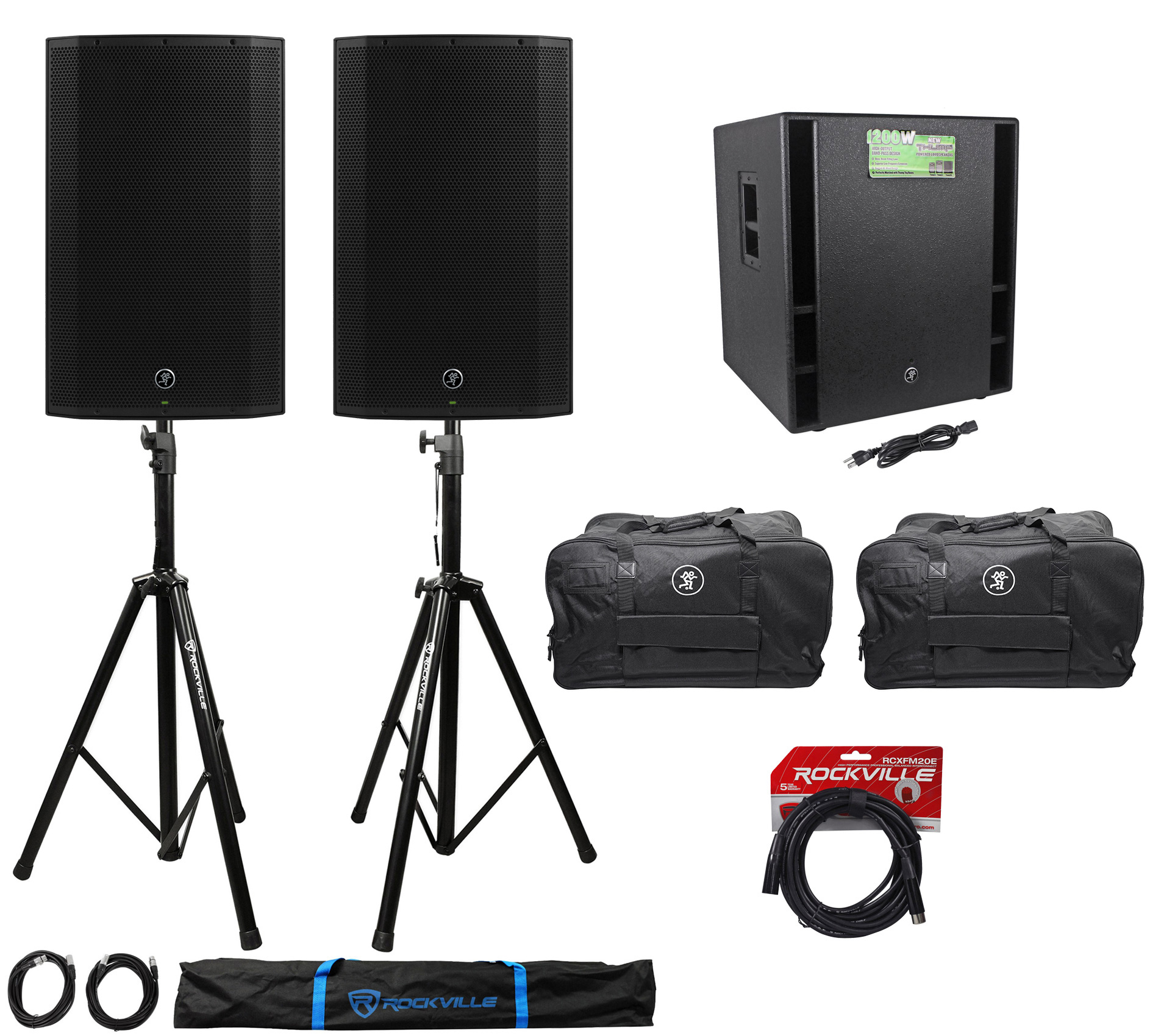 (2) Mackie Thump15A 15" Powered DJ PA Speakers+ Thump18s Subwoofer+Stands+Cables