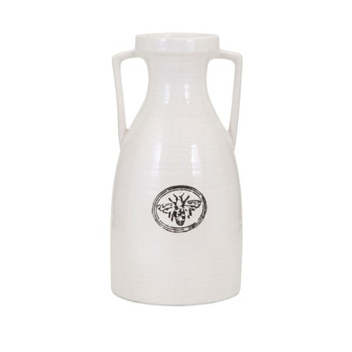 15" Cream White Decorative Honeybee Icon Printed Large Vase with Handle - 32801648