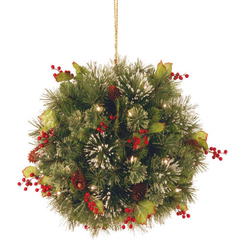 16" Pre-lit Wintry Pine Artificial Christmas Kissing Ball - Warm Clear LED Lights - 31422919