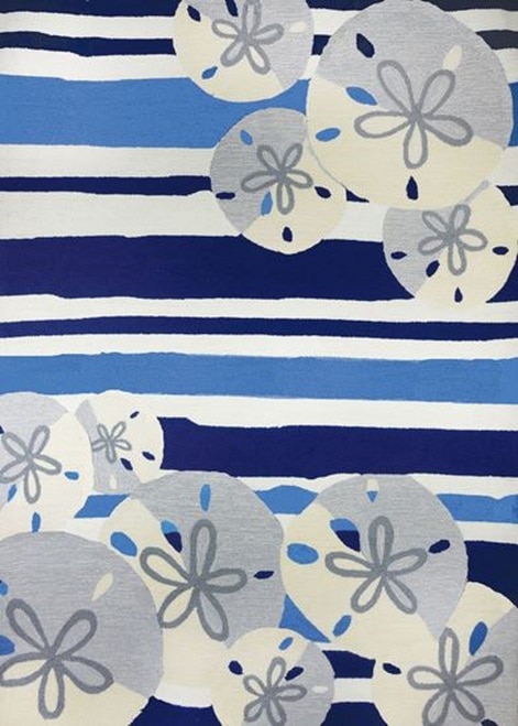 120” Blue and Beige Striped and Floral Pattern Hand Hooked Throw Rug - 31533569
