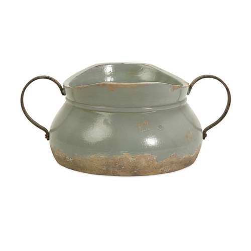 14" Rustic Distressed Decorative Bowl with Metal Handles - 28672917