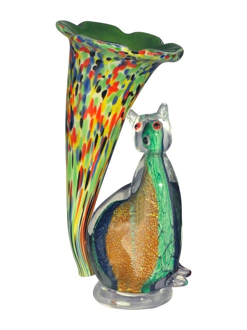 10.25" Caribbean Green, Red, and Blue Cat Lily Hand Crafted Glass Favrile Accent Lamp - 31375809