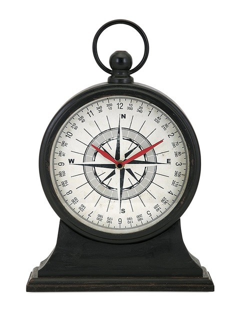 15" Maritime Vintage Black Compass Design Iron Table Clock - 32558327