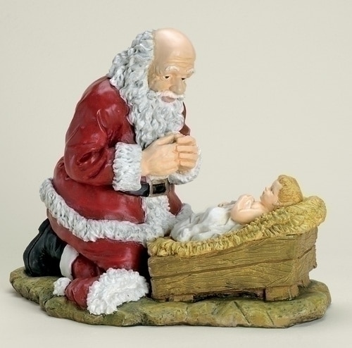 12" Religious Kneeling Santa Claus with Baby Jesus Christmas Figure - 5187289