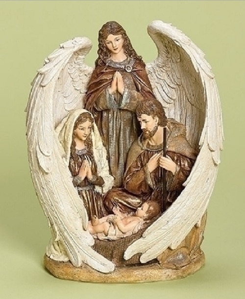12.5" Brown and White Inspirational Holy Family with Angel Christmas Nativity Figure - 31753351