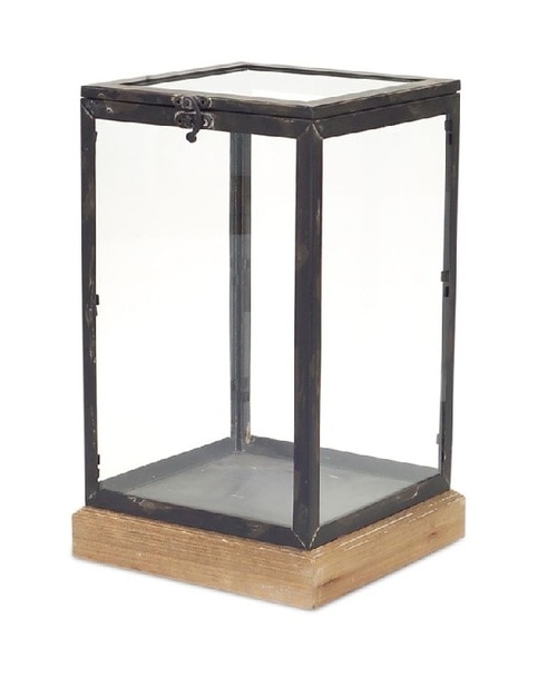 14" Distressed Tall Square Glass Boxes with Hinged Top and Wooden Base - 32723437