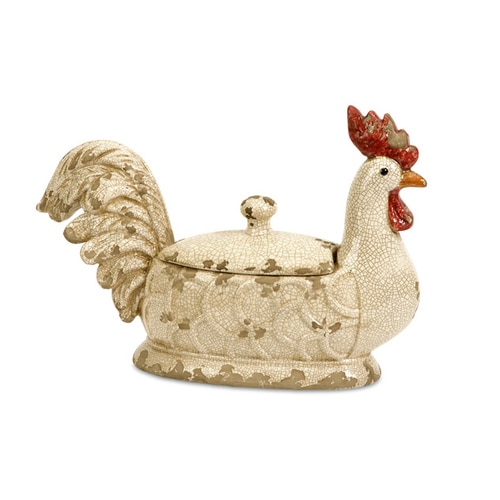 15" Cockerel Small Decorative Rustic Creamy White Ceramic Rooster Dish with Lid - 28672538