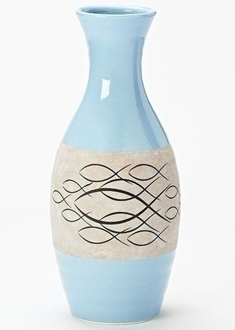 15” Blue Ichthus Religious Ceramic Vase - 32625135