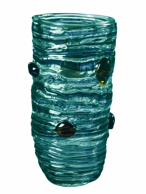 14.25" Aquamarine Blue and Warm Golden Amber Canyon Rock Decorative Hand Blown Glass Vase - 31555448