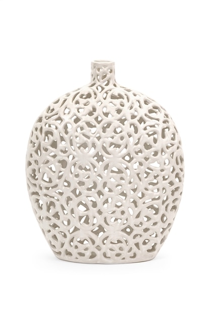 13" Small Country Chic Matte White Ceramic Lace Patterned and Textured Vase - 28671859