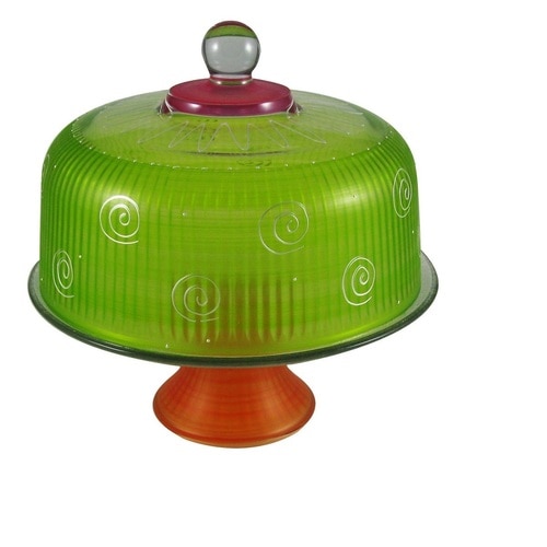 11" Frosted Lime Green and Marmalade Hand Painted Multi-Functional Glass Convertible Cake Dome - 31011064