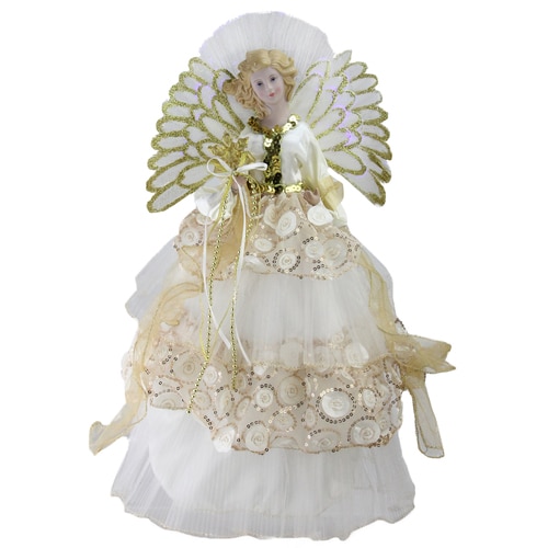 16" Lighted Fiber Optic Angel in Cream and Gold Sequined Gown Christmas Tree Topper - 32623686
