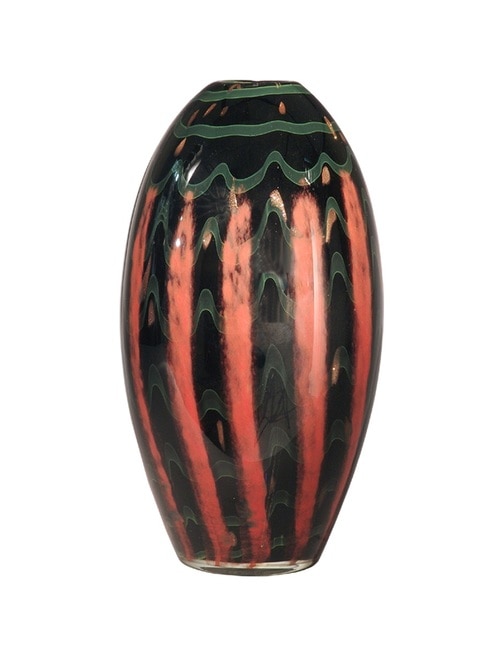 12" Shiny Black, Green, Pink, and Gold Carmelo Hand Blown Glass Small Vase - 31376227