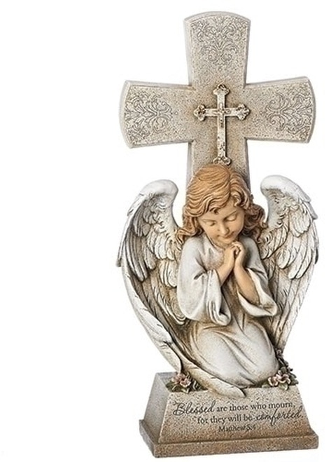 14.5" Josephs Studio Religious Kneeling Angel with Cross Garden Memorial Statue - 32628736