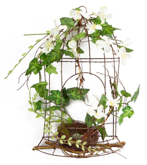 14" White Artificial Dogwood Flowers and Ivy Table Top Birdcage Decoration - 31567006