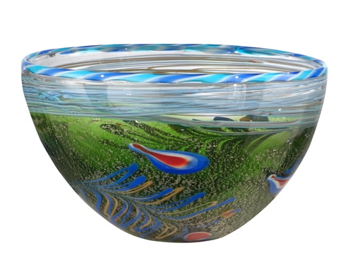 12" Green Moss and Blue Red and Yellow Feather Decorative Hand Blown Glass Bowl - 31555456