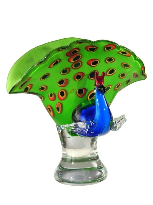 10.25" Bright Green and Blue Peacock Decorative Hand Blown Glass Figurine - 31375886