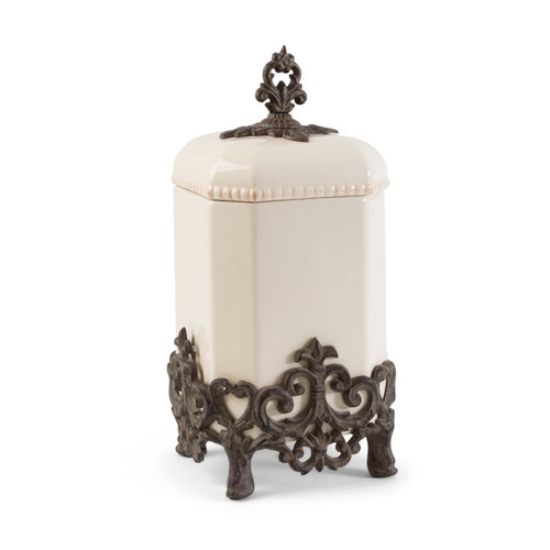 15" Cream White and Brown Vintage-Inspired Canister with Fleur-de-lis Metal Base - 32812368