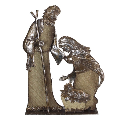 17" Rustic Metal Holy Family Nativity Scene With A Burlap Design Christmas Table Top Decoration - 33388789