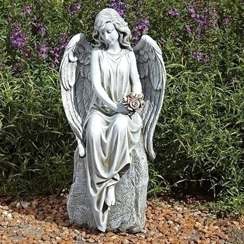 17.75" Stone Gray Sitting Angel with Flowers Garden Statue - 32790965