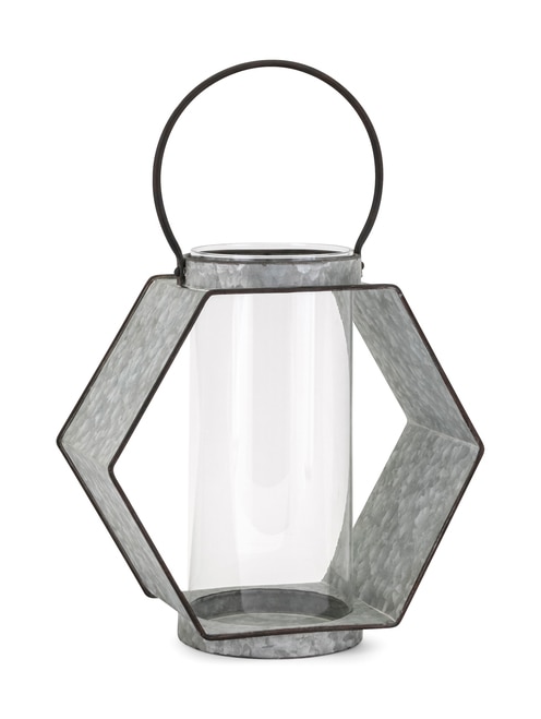 11" Metallic Gray Decorative Galvanized Large Glass Lantern with Handle - 32823533