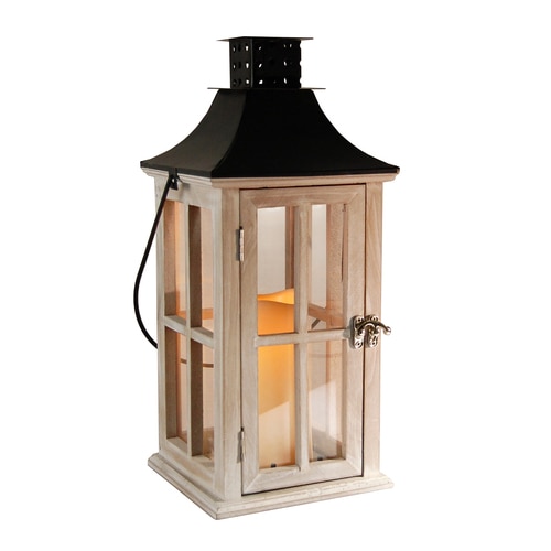 14” White Washed Wooden Battery-Operated LED Candle Lantern - 32745997