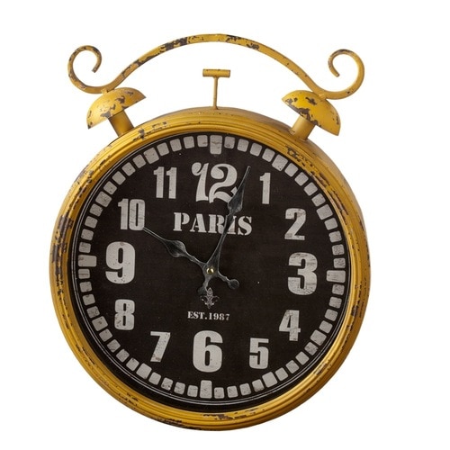 16" Yellow and Black "Paris" Printed Round Wall Clock Distressed Finish - 32776328