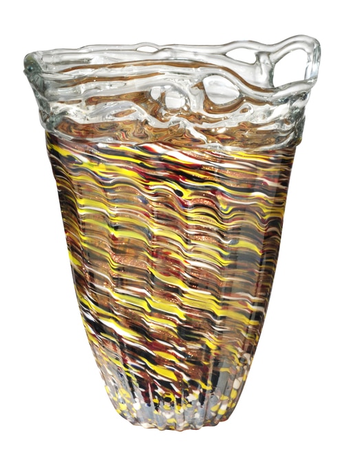 14" Red Yellow and Amber Saffron Ruffle Decorative Hand Blown Glass Vase - 31555439