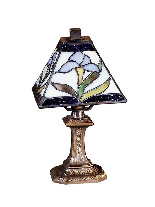 11" Antique Brass Blue Blossom Irene Mini Hand Crafted Glass Accent Lamp - 31376260
