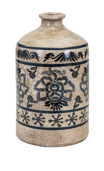 14.5" Alabaster Cream Grand Global Terracotta Vase with Hand Painted Vintage Black Design - 32602016