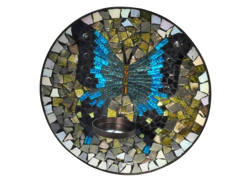 12" Butterfly Mosaic Art Glass Candle Holder Charger - 32813506