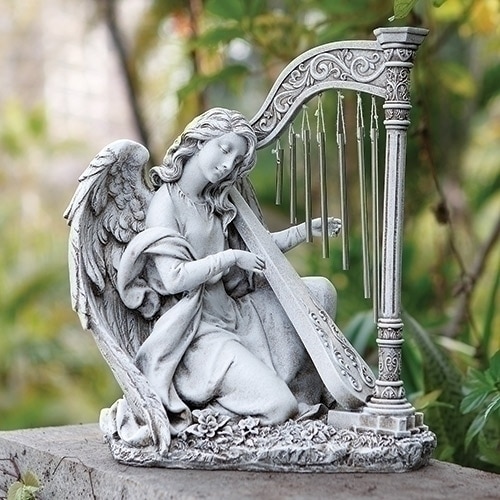 15" Joseph Studio Kneeling Angel with Harp Wind Chime Garden Statuary - 32626061
