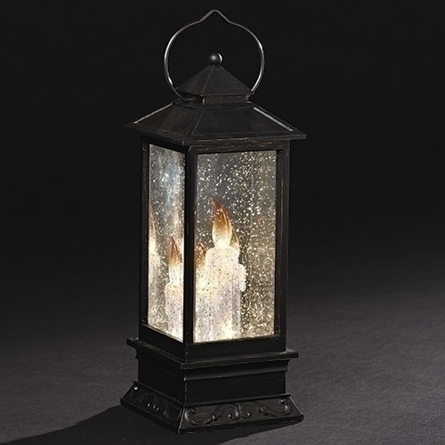 11” Black LED Lighted Glittery Tabletop Lantern with Candles - 32789237