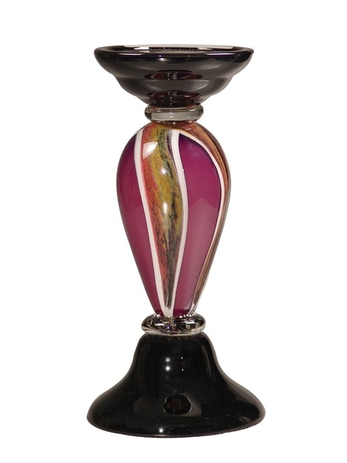 12" Mauve Pink, Swirled Gold and Amber Small Melrose Hand Blown Glass Pillar Candle Holder - 31375827