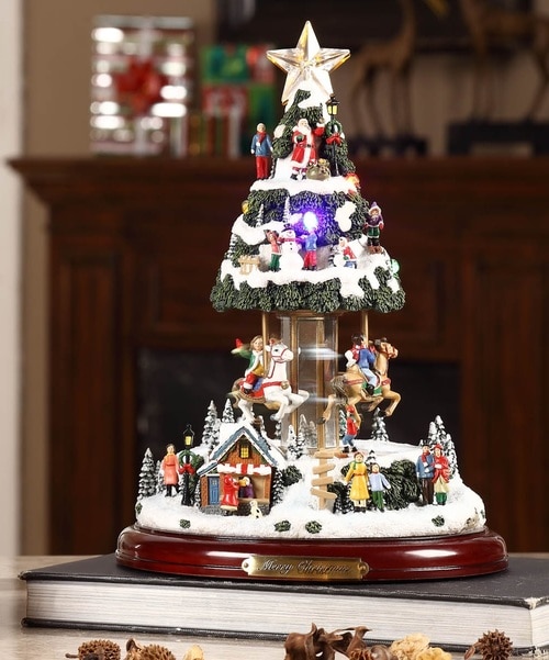 12.5" LED Lit and Musical "Merry Christmas" Village Tree Carousel Decoration - 31002505