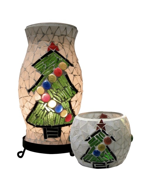 10" Black Christmas Combo Accent Lamp with White and Green Mosaic and Matching Votive - 31376321