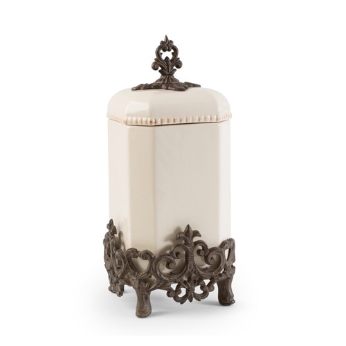 16" Cream White and Brown Vintage-Inspired Canister with Fleur-de-lis Metal Base - 32812367